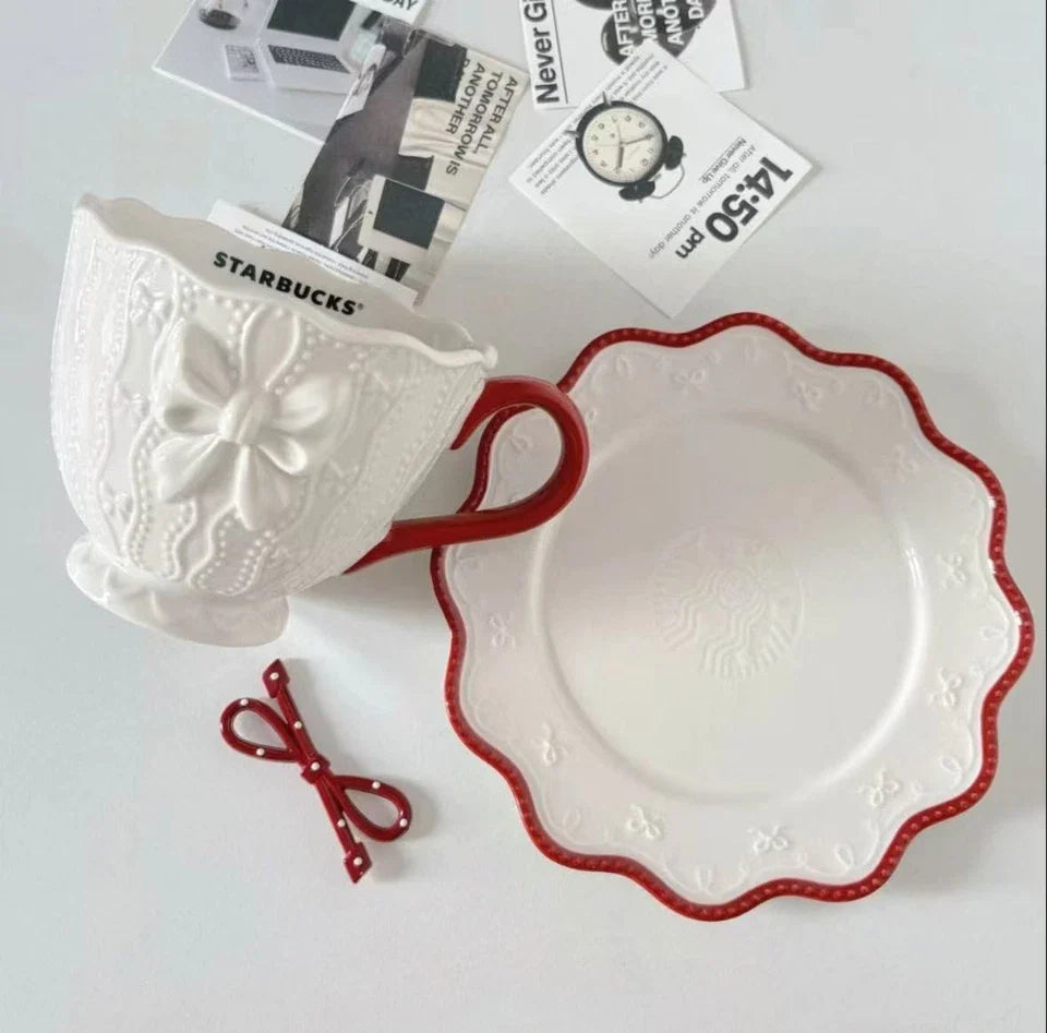 Starbucks China Christmas White Bow 11oz Mug with Coaster Gift